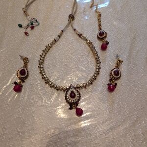 Gold-Tone Necklace Set with Pink Gemstone Drops - Women Jewelry